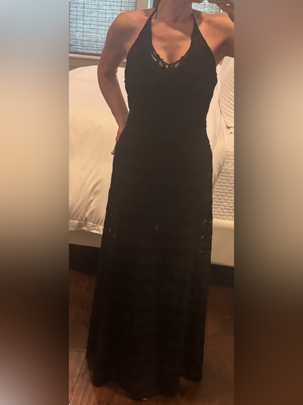 NWT SKY Black Lace and Crochet Halter Maxi Dress  XS